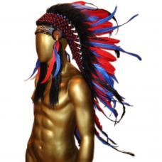 Penacho &Iacute;ndio Americano Grande - Vermelho e Azul Escuro