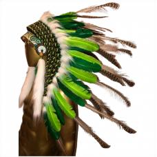 Penacho �ndio Americano M�dio Com Penas de Fais�o Bicolor Verde e Branco