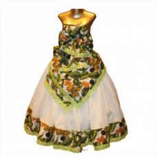 Conjunto Saia Branca Com Barrado Estampado Verde + Pano De Cabe�a + Pano Da Costa