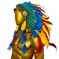 Penacho &Iacute;ndio Americano Pequeno  Azul e Amarelo com Penas de Galo Vermelhas