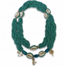 Braj&aacute; 7 Fios Tran&ccedil;ado - Azul Turquesa C\ 14 B&uacute;zios e Pingente (Logun Ede)