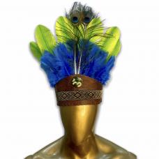 Cocar Pequeno Verde Lim&atilde;o C Azul C/ Pena De Pav&atilde;o