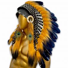 Penacho &Iacute;ndio Americano M&eacute;dio - Amarelo e Azul