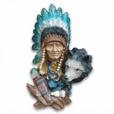 Busto &Iacute;ndio Com Lobo Ao lado 24Cm