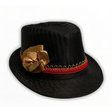 Chap&eacute;u Panam&aacute; Preto Com Faixa Vermelha E Dourada C/ Flor Dourada