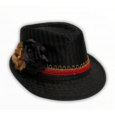 Chap&eacute;u Panam&aacute; Preto Com Faixa Vermelha E Dourada C/ Flor Dourada E Preta