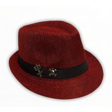 Chap&eacute;u Panam&aacute; Vermelho Com Faixa Preta C/ Pingente De Caveira E Tridente De Exu