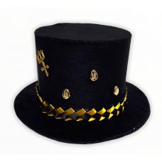 Cartola Alta Aveludada Preta Com Faixa Dourada C/ Preto (Mod.5)